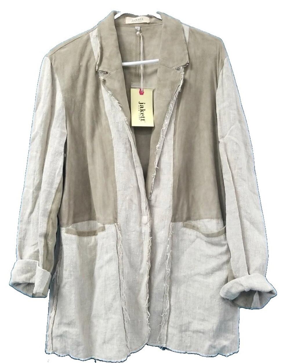 Jakett New York Leather Open Front Raw Edge Pocket Mid-Length Jacket Beige Gray
